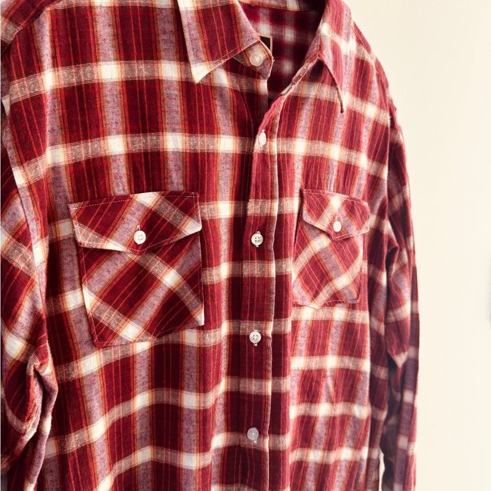 James Tattersall Men’s Button-Up Collared Shirt Red Plaid Flannel 100% Cotton XL
